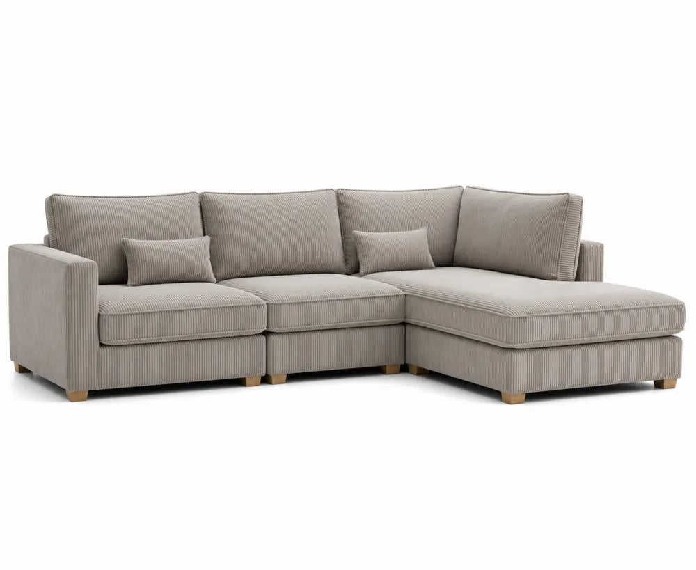 Divano angolare in tessuto a coste grigio chiaro con chaise longue