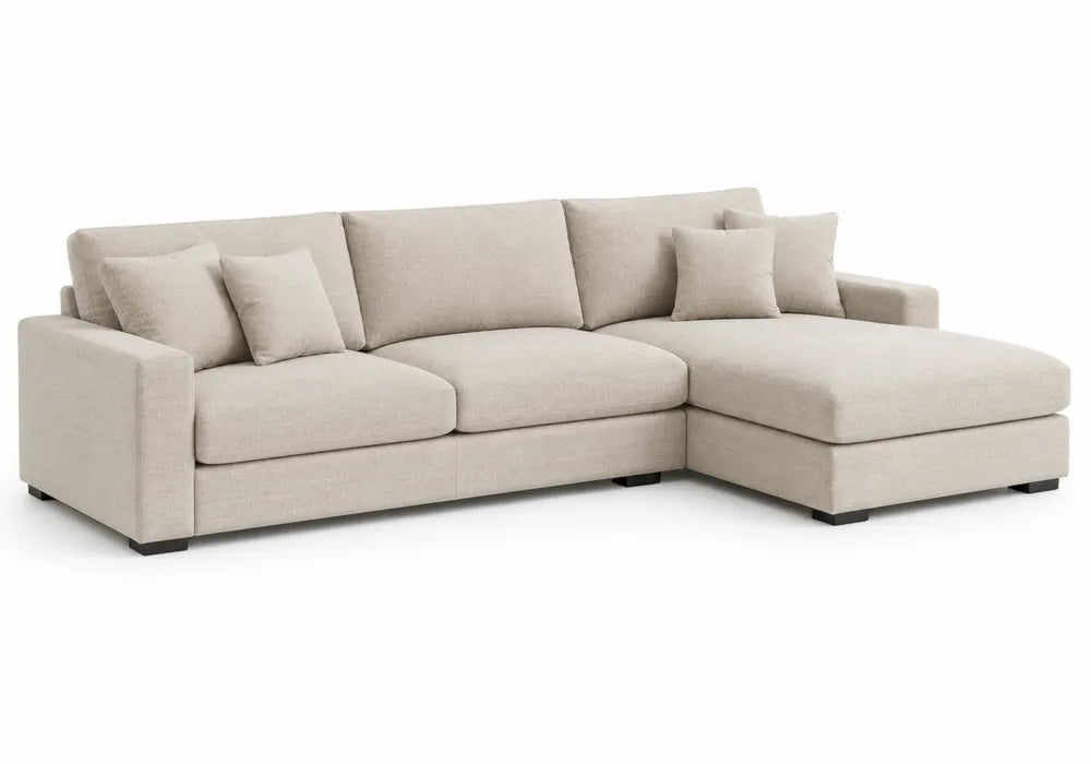 Divano Angolare in Tessuto Beige con Struttura in Legno