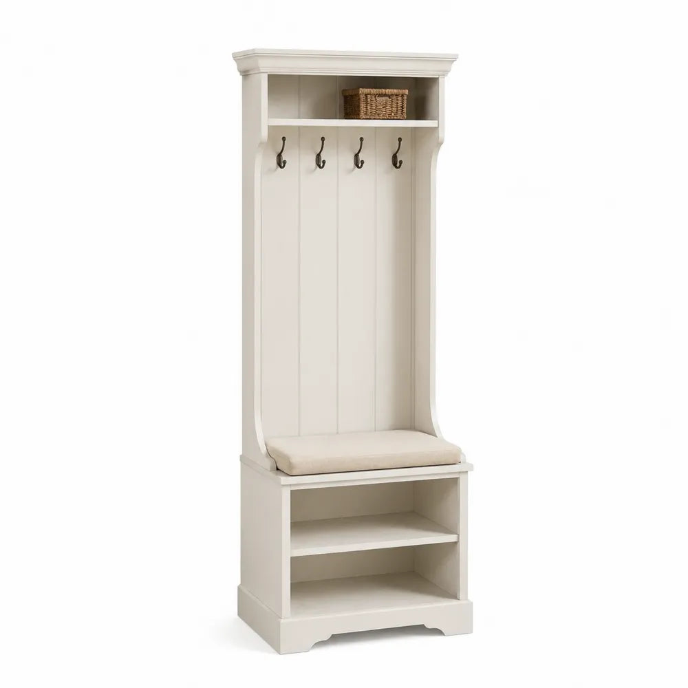 Mobile da Ingresso in Legno Bianco con Appendiabiti e Cuscino