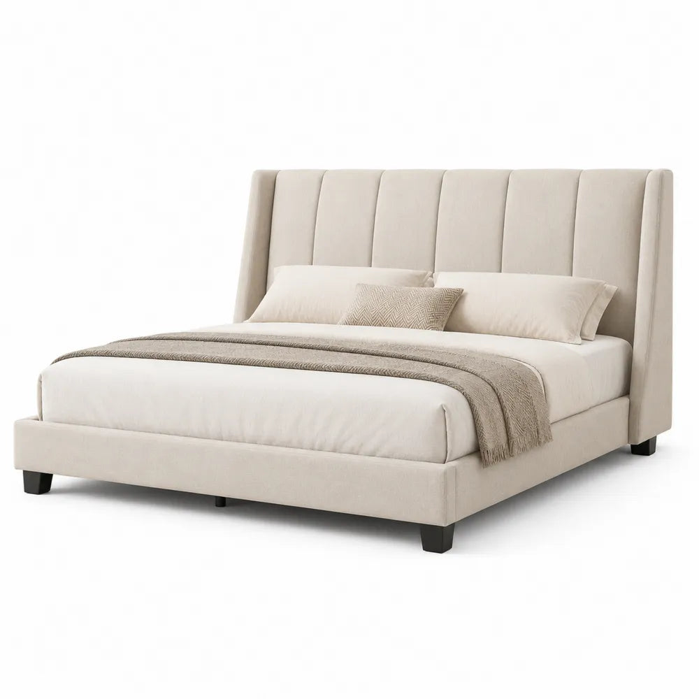 Letto matrimoniale in tessuto beige con testiera alta