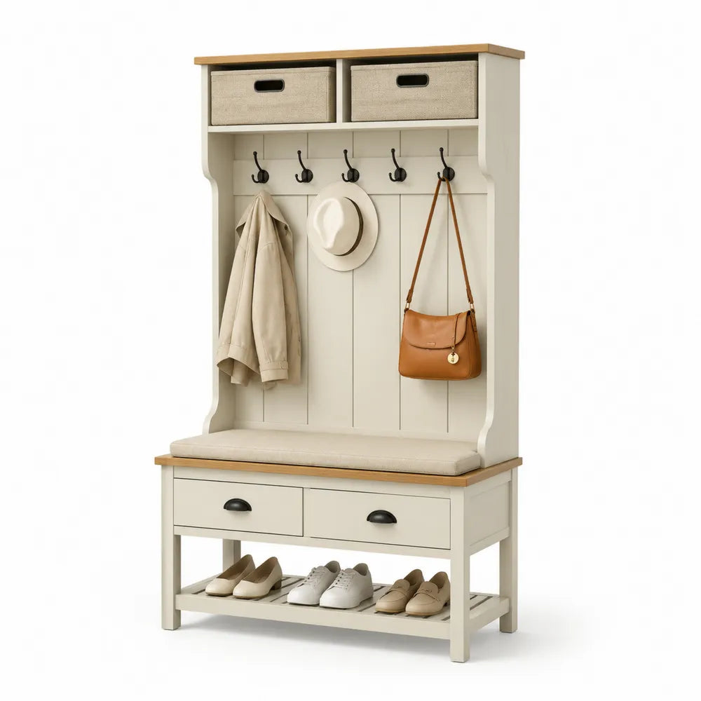 Appendiabiti in Legno MDF Beige con Panchina e Mensole