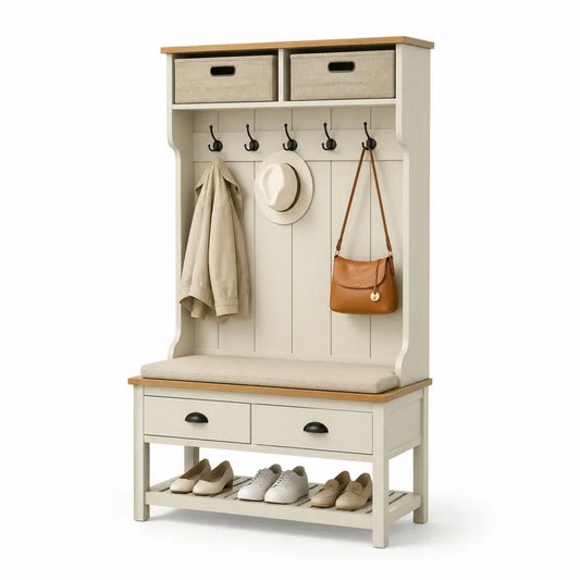 Appendiabiti in Legno MDF Beige con Panchina e Mensole