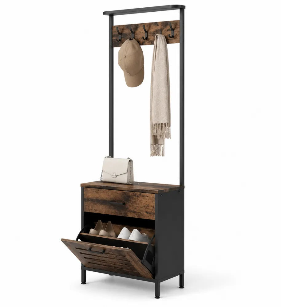 Appendiabiti da Ingresso con Scaffale Porta Scarpe in Legno e Metallo Nero/Marrone Scuro