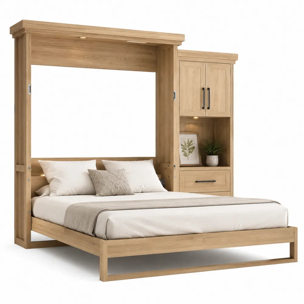Letto a scomparsa in legno con materasso e cuscini