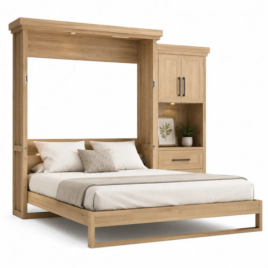 Letto a scomparsa in legno con materasso e cuscini