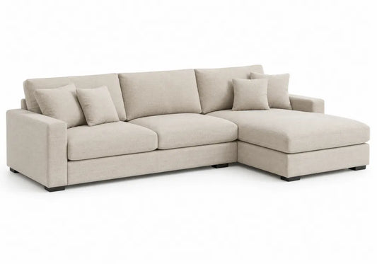 Divano Angolare in Tessuto Beige con Struttura in Legno