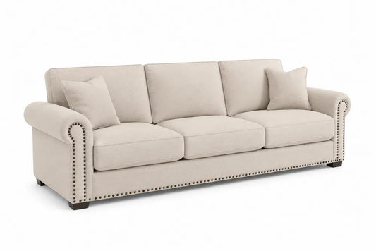 Divano 3 posti in tessuto poliestere beige con borchie