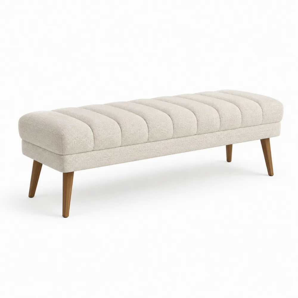 Panca in Tessuto Beige con Gambe in Legno di Quercia