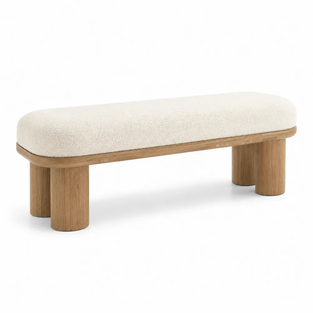 Panca in legno e tessuto bouclé crema 120 cm
