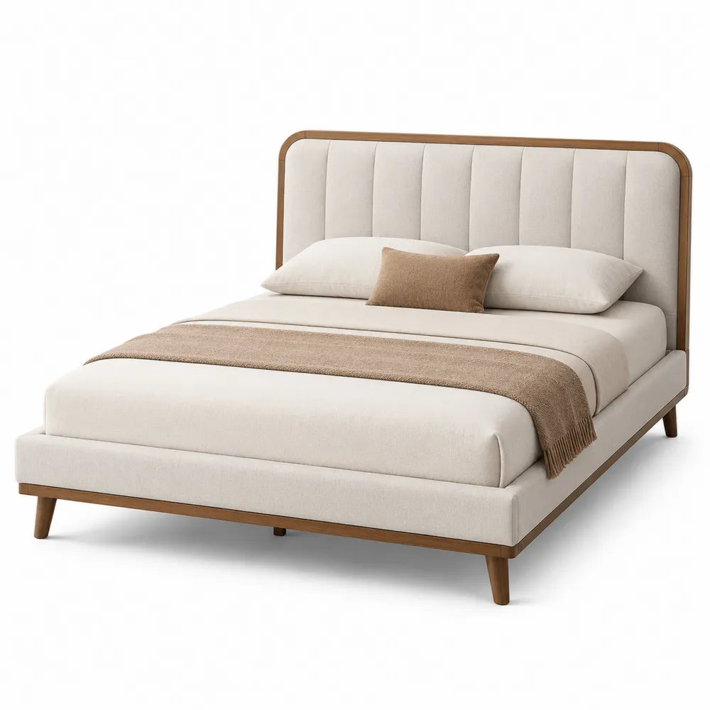 Letto matrimoniale in tessuto con struttura in legno