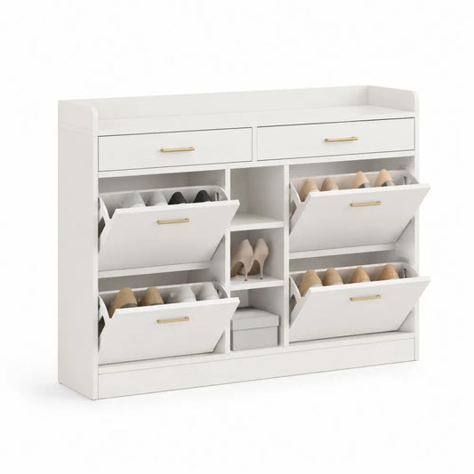 Scarpiera in Legno MDF Bianco con 5 Scomparti e 2 Cassetti