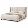 Letto matrimoniale in tessuto beige con testiera alta
