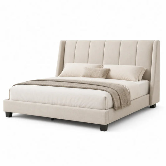 Letto matrimoniale in tessuto beige con testiera alta