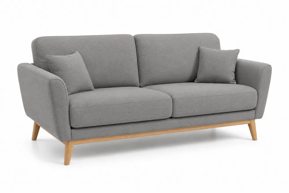 Divano a 2 posti in tessuto grigio con gambe in legno