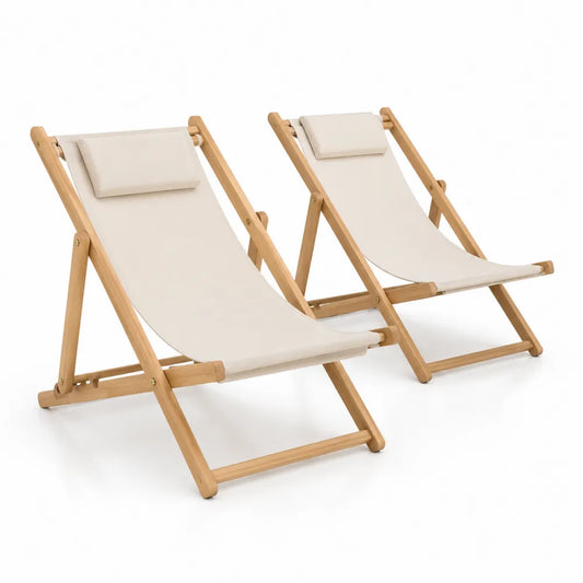 Set di 2 sedie a sdraio pieghevoli in legno e tessuto beige