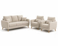 Set Divano a 3 Posti e 2 Poltrone in Tessuto Beige con Gambe in Legno