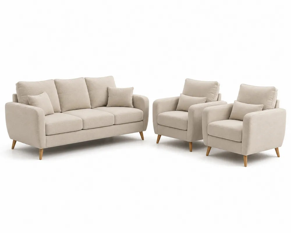 Set Divano a 3 Posti e 2 Poltrone in Tessuto Beige con Gambe in Legno