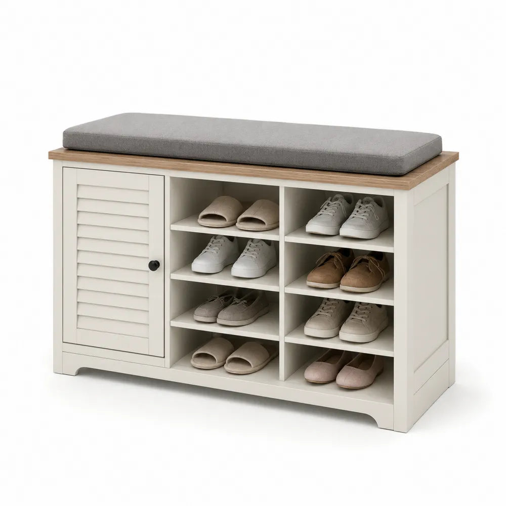 Scarpiera in legno con cuscino in tessuto grigio
